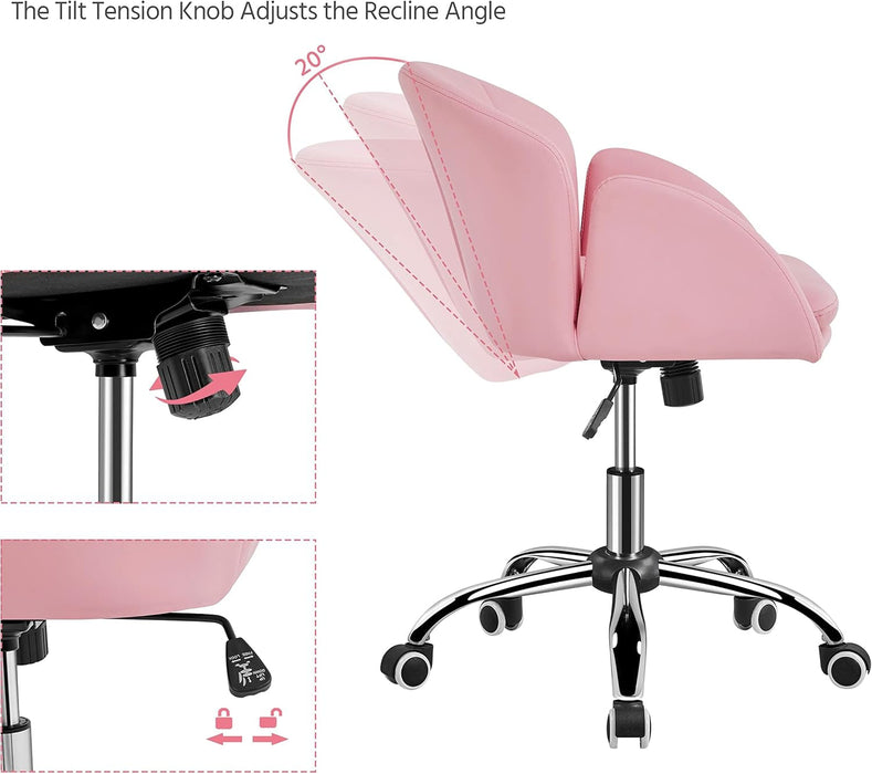 Cute Petal Desk Chair Home Office Chair Swivel Upholstered Leather Desk Chair Makeup Vanity Chair with Armrests for Bedroom Modern Computer Rolling Chair for Women Simple Pink