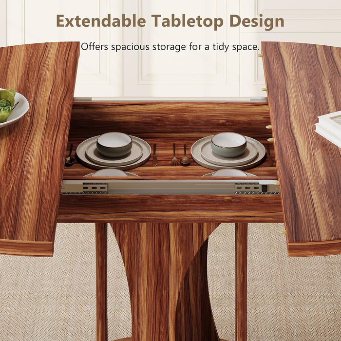 59" Extendable round Dining Table for 6-8, Kitchen Table with Sturdy Double Arc Base & Backboard Clasp Desktop, Mid-Century Modern Dinner Table, Kitchen Dining Room, Space Saving, Walnut