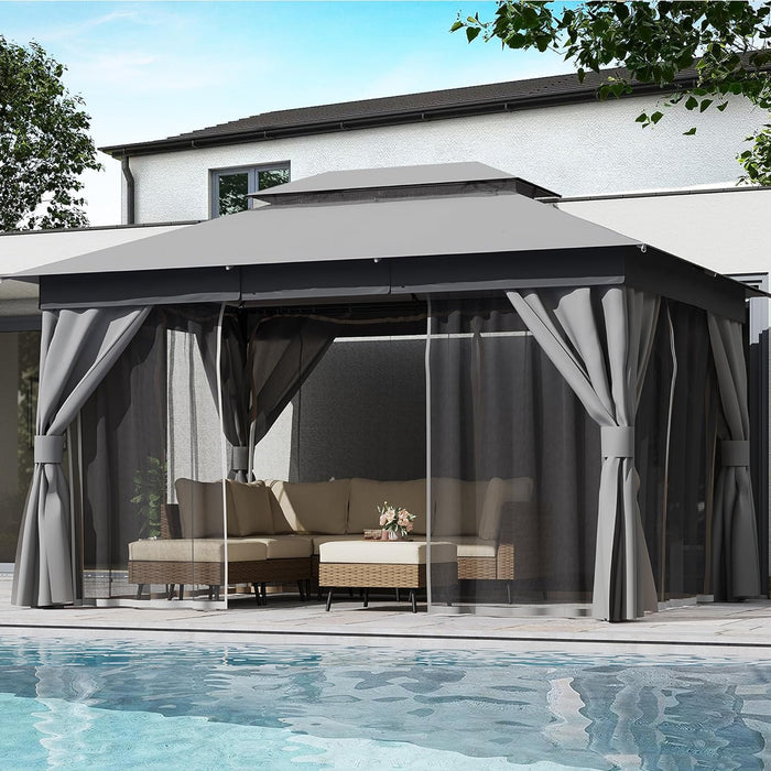 Patio Gazebo 10'X13', Outdoor Heavy Duty Party Tent Shelter with Double Roofs, Mosquito Nettings and Privacy Screens for Backyard, Garden, Lawn, Gray