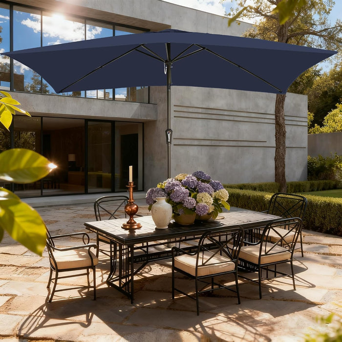 6.5 Rectangular Patio Umbrella Outdoor Deck Umbrella Rectangle Navy | 6 Ribs Frame Rush-Button Tilt Easy Crank. UPF50+ Waterproof Canopy. Works with Outdoor Table, Backyard, Pool.