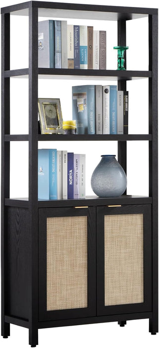 Rattan Boho 5 Tier BookshelfStorageUnit With Doors