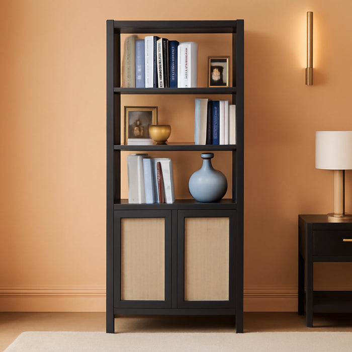 Rattan Boho 5 Tier BookshelfStorageUnit With Doors