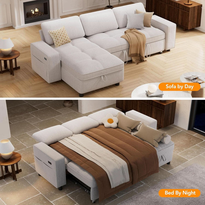 81" Sectional Sleeper Sofa with Pull Out Bed, L Shaped Sleeper Sofa, Pull Out Couch with Reclining Backrest, Reversible Storage Chaise, USB Ports, Tool-Free Assembly, Chenille Beige