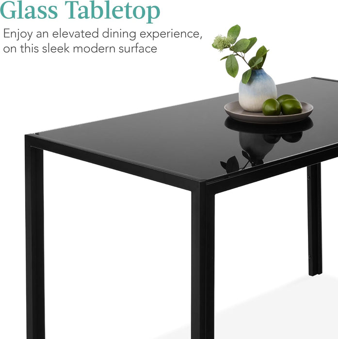 7-Piece Glass Dining Set, Modern Kitchen Table Furniture for Dining Room, Dinette, Compact Space-Saving W/Glass Tabletop, 6 Upholstered PU Chairs, Metal Steel Frame - Black