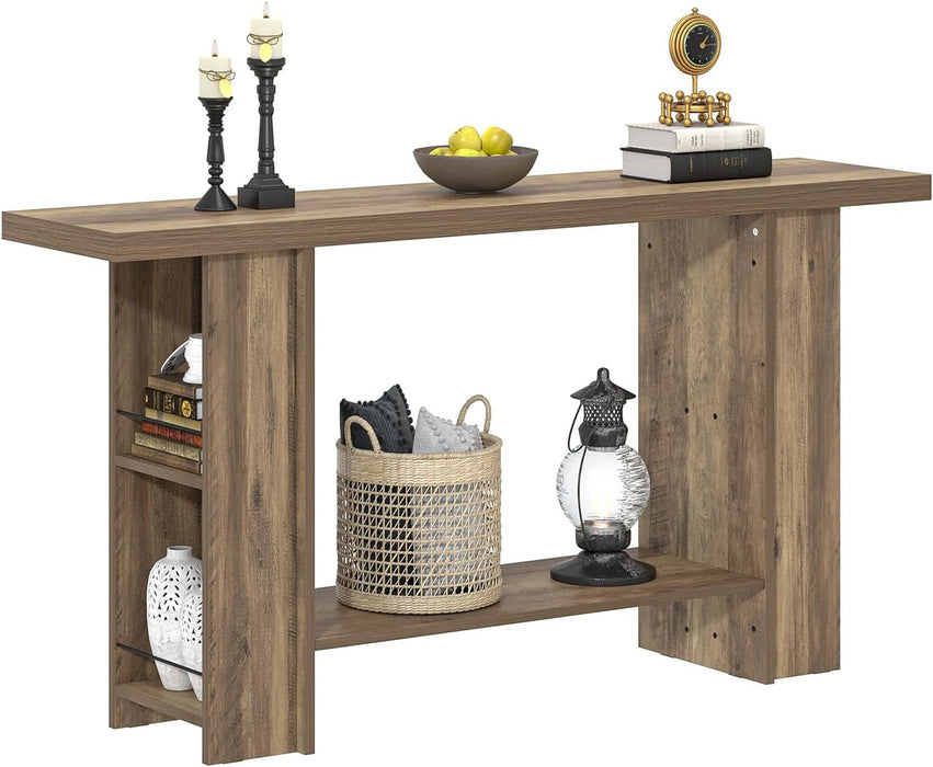 53 Inch Long Entryway Table, 2-Tier Wood Console Table with Storage Side Shelves, Farmhouse Sofa Table for Living Room, Narrow Hallway Foyer Table behind Couch for Home Decor, Rustic Oak