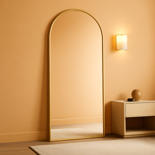 64.3"X21" Arched Full Length Mirror, Standing or Leaning Full Body Mirror with Aluminum Alloy Thin Frame, Suitable for Bedroom or Cloakroom,Gold