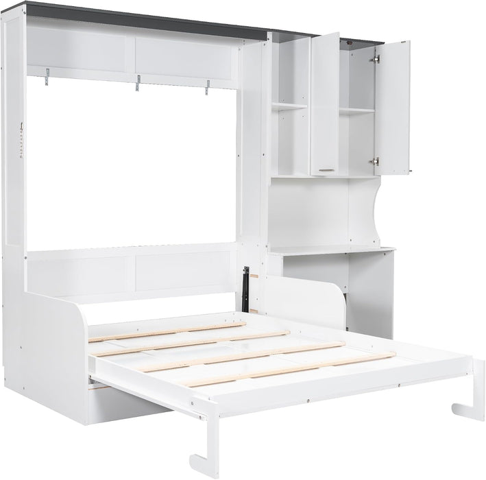 Queen Murphy Bed With Sofa Desk Storage WhiteGlossFinish