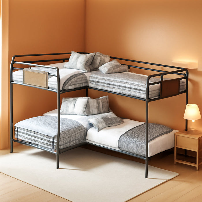Quad Bunk Bed, Heavy Duty Metal 4 Bunk Beds for Kids with Ladders, Detachable Industrial L-Shaped Bunk Beds, Space Saving Design,Can Be Divided into 3 Twin Beds, Black