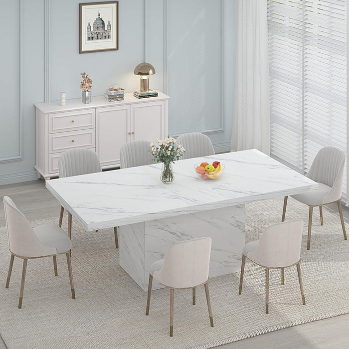 71” White Faux Marble Dining Table, Rectangle Modern Dinner Kitchen Table for 6-8, Farmhouse Long Kitchen Furniture for Living Room, Industrial Wood Dining Room Table with Sturdy Base