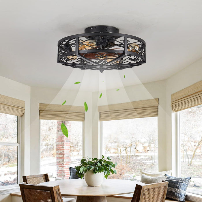 20" Caged Farmhouse Flush Mount Ceiling Fan with Light and Remote Control Bladeless Low Profile Ceiling Fans with Lights Enclosed Vintage Fan 6 Speed Reversible for Kitchen, Bedroom