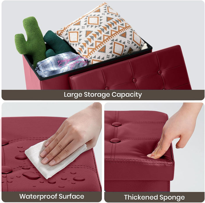 Ottoman Bench with Storage 30X15X15 Inches White Ottoman for Room Folding Leather Footrest Footstool Rectangle Collapsible Furniture with Lid for Bedroom Living Room Burgundy