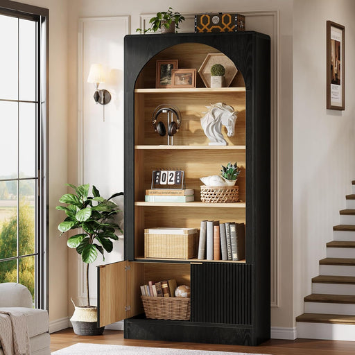 71" Tall Arched Bookcase, 5-Tier Black Bookshelf with Storage Cabinet, Modern Freestanding Wooden Bookshelves Open Display for Living Room, Home Office, Study