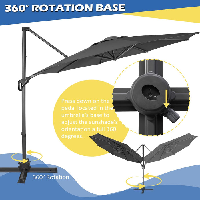 10Ft Cantilever Patio Umbrella, 360° Rotation & Integrated Tilting System Offset Umbrella with 8 Sturdy Ribs, Fade-Resistant & Waterproof for Garden Backyard Poolside Deck
