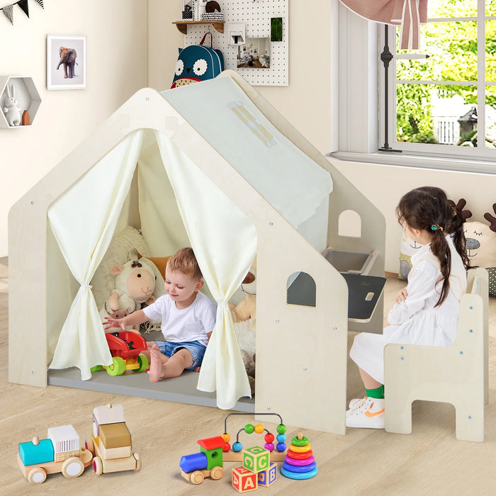 6-In-1 Kids Playhouse Wooden Indoor Play Tent W/ Blackboard, Desk Table, Chair