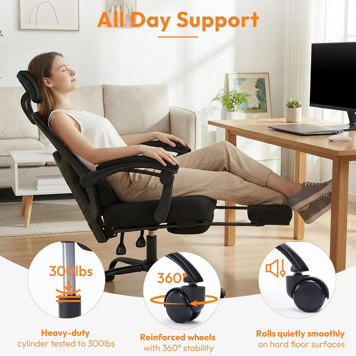Desk Chair with Foot Rest, High-Back Mesh Office Chair with Wheels, Black