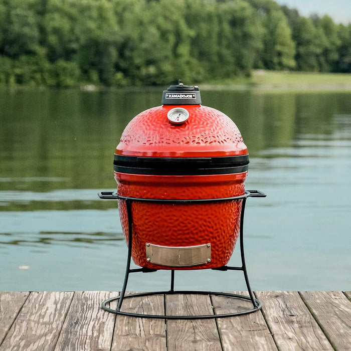 Joe Jr 13.5-Inch Portable Ceramic Charcoal Grill with Grill Stand, Stainless Steel Cooking Grate, Heat Deflectors and Ash Tool in Red, Model KJ13RH