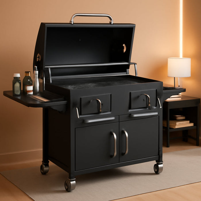 63" Oversized Charcoal BBQ Grill & Smoker, Large Outdoor Grill with 2 Individual Lifting Charcoal Trays, Cabinet-Style Charcoal Grills with Foldable Side Tables, 4 Wheels, Asadores De Carbon