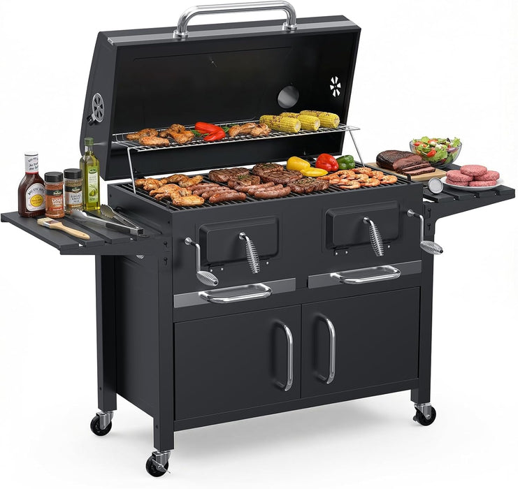 63" Oversized Charcoal BBQ Grill & Smoker, Large Outdoor Grill with 2 Individual Lifting Charcoal Trays, Cabinet-Style Charcoal Grills with Foldable Side Tables, 4 Wheels, Asadores De Carbon