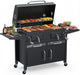63" Oversized Charcoal BBQ Grill & Smoker, Large Outdoor Grill with 2 Individual Lifting Charcoal Trays, Cabinet-Style Charcoal Grills with Foldable Side Tables, 4 Wheels, Asadores De Carbon