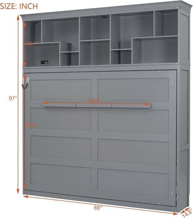 Gray Queen Murphy Bed With USB Charging And Storage