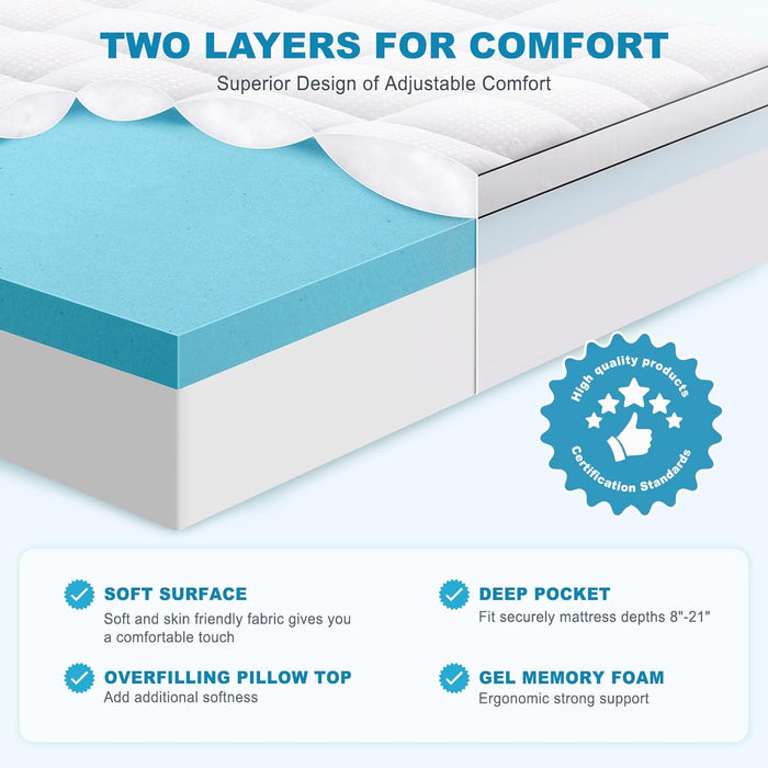 Queen Size Dual Layer 4 Inch Memory Foam Mattress Topper, 2 Inch Gel Memory Foam and 2 Inch Cooling Pillow Top Mattress Pad Cover for Back Pain, Medium Support
