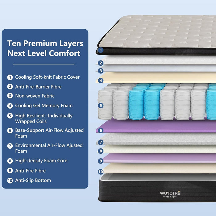 Full Size Mattress,10 Inch Memory Foam Hybrid Mattress in a Box,Cooling Gel Bed Mattresses with Reinforced Springs,Soft and Breathable,Back Pain Relief,Certipur-Us,Medium