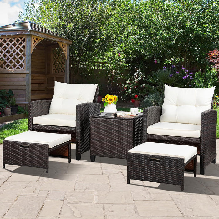 Patio Chair with Ottoman, 5 Pieces Patio Furniture Set Small Balcony Furniture, Rattan Patio Chairs Set of 2 with Glass Table for Front Porch Garden (Beige)