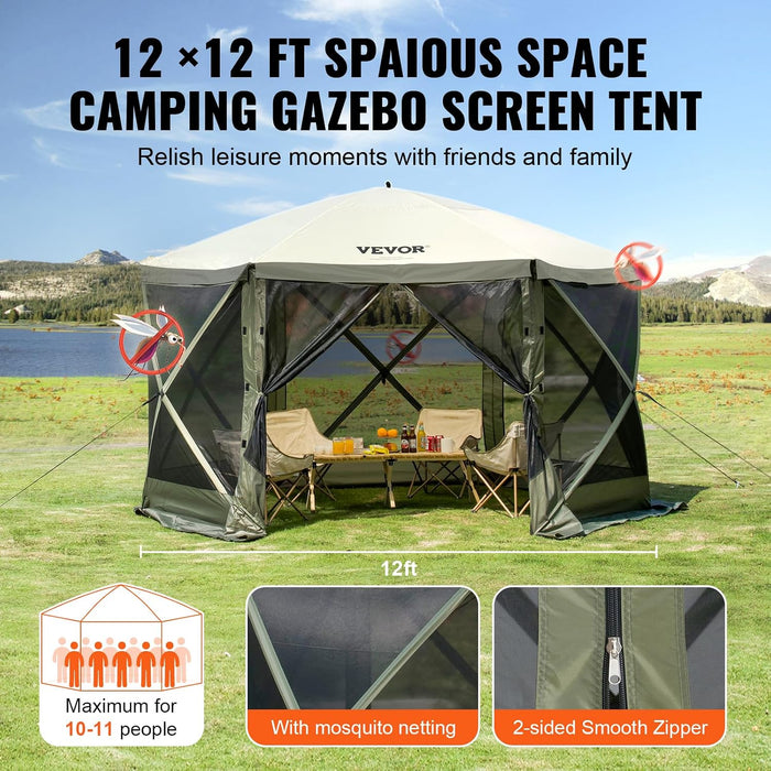 12X12Ft Pop up Gazebo Tent with Mosquito Netting, 6 Removable Wind Panels & 2 Mesh Windows, Outdoor Canopy Shelter for Patio, Army Green