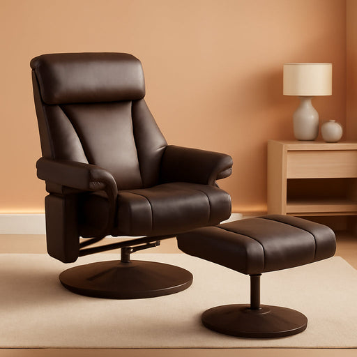 Swivel Recliner with Ottoman, TV Chair with Vibration Massage, Ideal for RV Small Space, Living Room & Bedroom 4539 4828 (Faux Leather, Dark Brown)