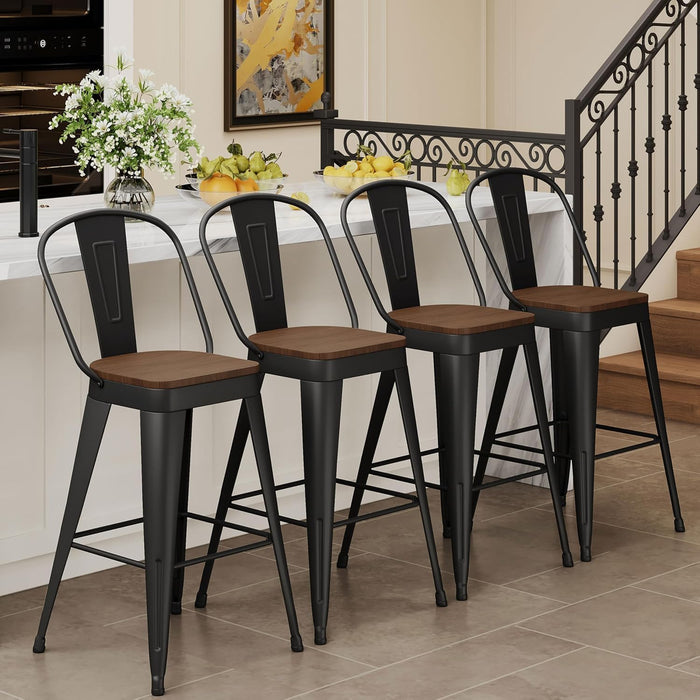 Metal Bar Stools Set of 4, 30" Bar Height with High Backs, Black | Matte Black Metal Frame Barstools, Modern Farmhouse High-Back Bar Chairs, Larger Seat for Kitchen and Dining Islands