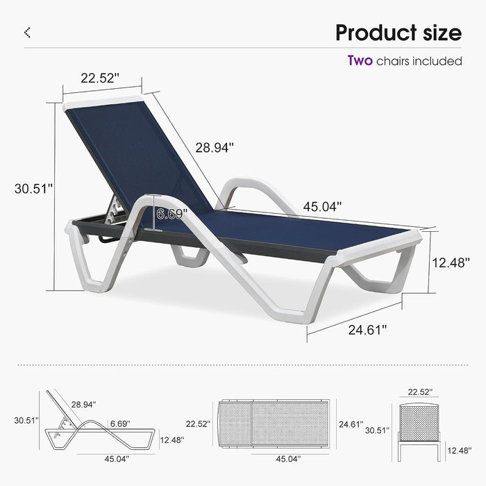 Lounge Chair Outdoor Set of 2 W/Armrest for Poolside Navy Blue