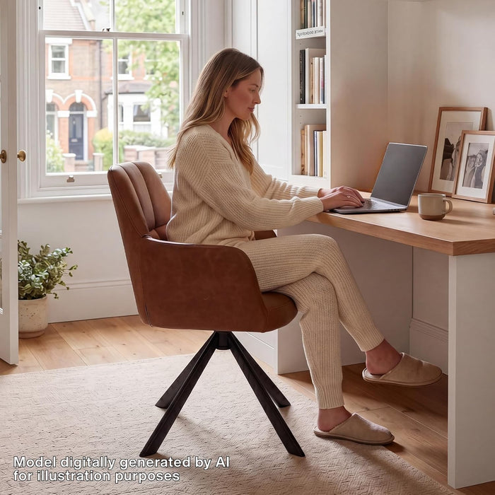 Comfy Leather Desk Chair Modern Computer Task Chair No Wheels Swivel Accent Chair with Mid Back Arm Chair for Living Room/Bedroom/Home Office, PU Brown