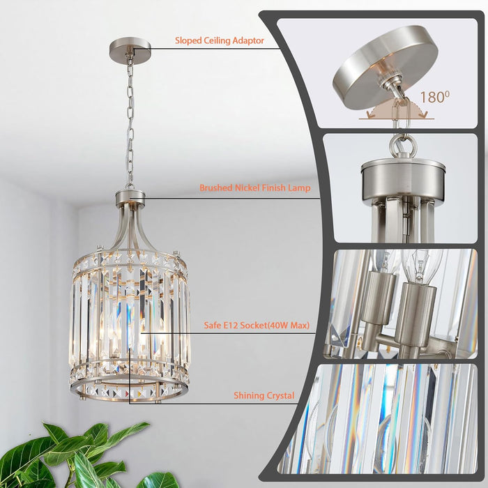11.8" Modern Crystal Chandelier Brushed Nickel Lantern 4-Light Small Farmhouse Geometric Pendant Lighting Fixture Adjustable Hanging Cage Ceiling Lights for Living Room Dining Room Entryway