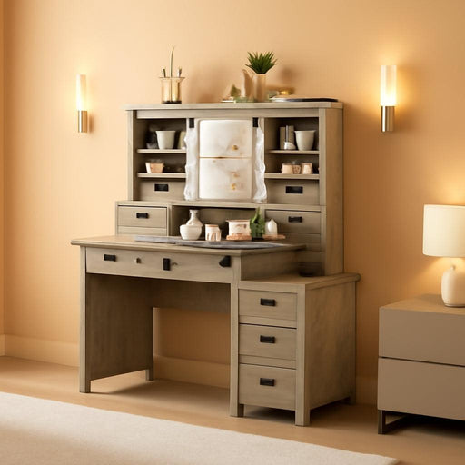 48'' Farmhouse Makeup Vanity Desk with Sliding HD Mirror and Lights, Big Modern Lighted Vanity Table with 7 Drawers & Shelves, Rustic Large Dressing Table for Bedroom, Light Rustic Oak