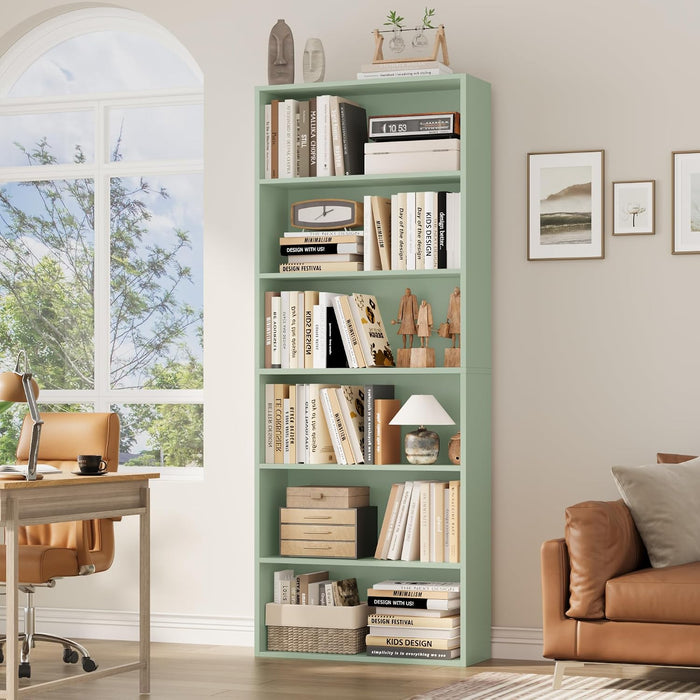 6 Tier Tall Bookshelf and Bookcase with Open Display Shelves, Green
