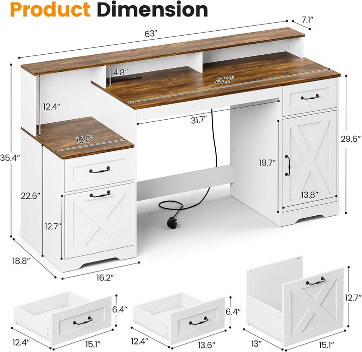 63 Inch Farmhouse Computer Desk with Drawers & Power Outlets, Large Desk with Monitor Stand & Printer Shelf, Modern Office Desk Workstation with File Cabinet for Home Office, Brown & White