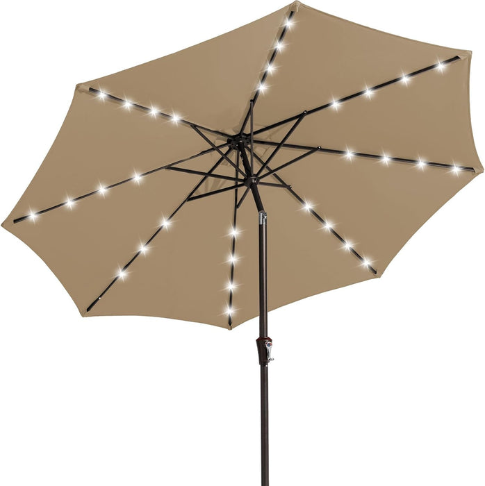 9FT Outdoor Patio Umbrella with Solar Lights, LED Lighted Pool Umbrella with Tilt and Crank, Outdoor Table Umbrellas for Deck, Yard & Market (Beige)