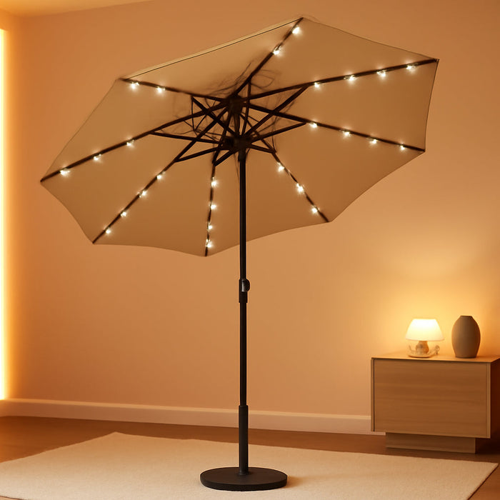 9FT Outdoor Patio Umbrella with Solar Lights, LED Lighted Pool Umbrella with Tilt and Crank, Outdoor Table Umbrellas for Deck, Yard & Market (Beige)