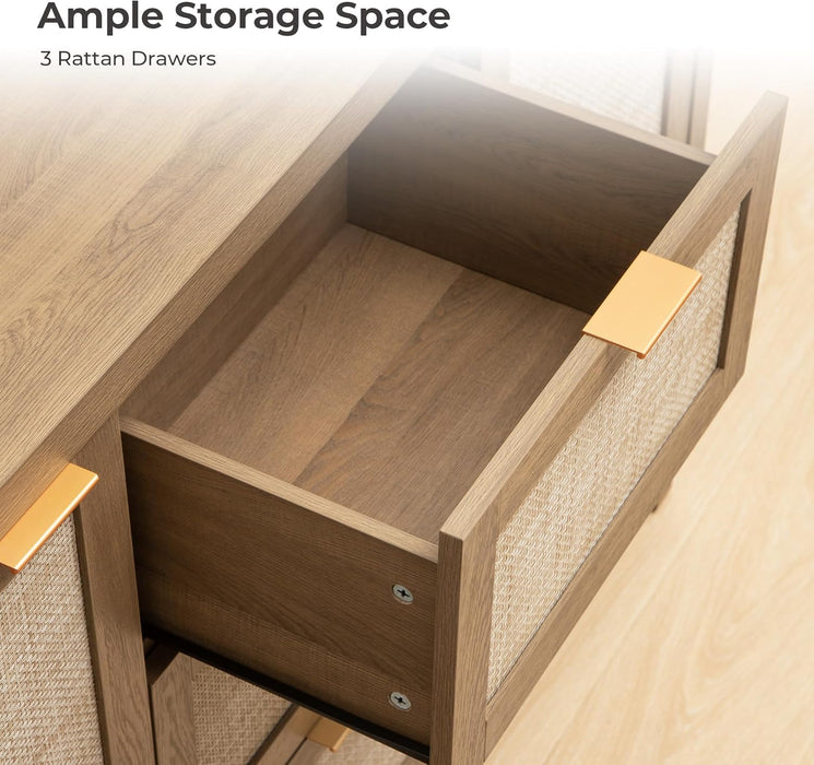 Rattan Large Sideboard Buffet Cabinet with Storage - Farmhouse Boho Coffee Bar Storage Cabinet with 3 Drawers and 2 Doors, Tall Credenza for Living Room, Kitchen, Caramel Oak (2 Pieces)