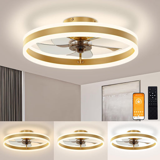 Low Profile Ceiling Fans with Lights and Remote, 19.7In Flush Mount Ceiling Fans with Light, 3000K-6500K Dimmable Fandelier LED Fan Light, Gold Bladeless Ceiling Fans with Lights for Bedroom