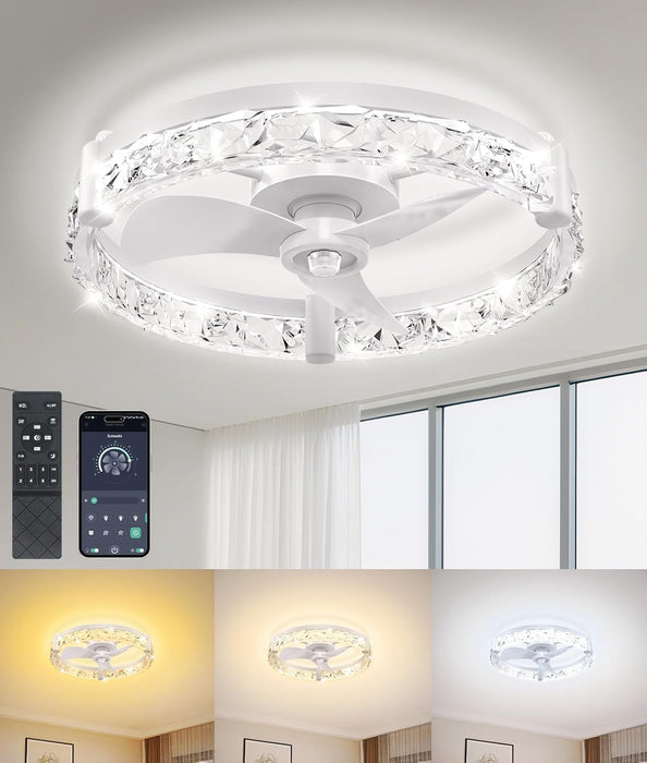Ceiling Fans with Lights and Remote App 20'' Low Profile Ceiling Fan 3000-6500K Dimmable Modern Flush Mount Ceiling Fan Light LED 6 Speeds Fandelier Ceiling Fans for Bedroom Small Living Room