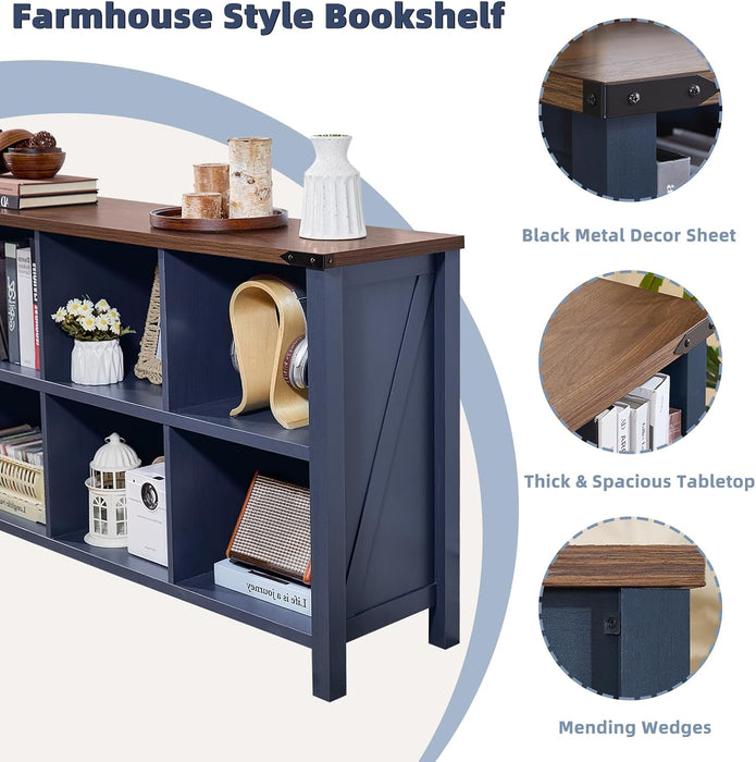 6 Cube Bookcase, Farmhouse Wood Low Storage Organizer Book Shelf, 47" Horizontal Navy Blue Console Bookshelf with Legs, Hallway Book Case for Entryway, Display Cabinet for Living Room, Office