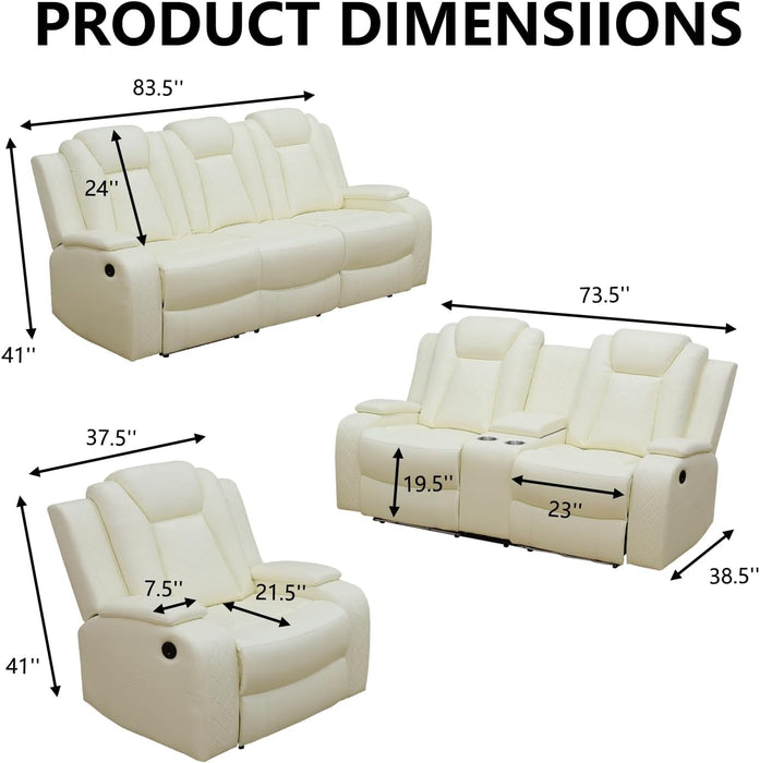 Leather Power Recliner Sofa Set with LED, Living Room Furniture Set, Leather Sofa Set with USB Port Storage Console Cup Holder (Power Reclining Sofa Set, Cream White)
