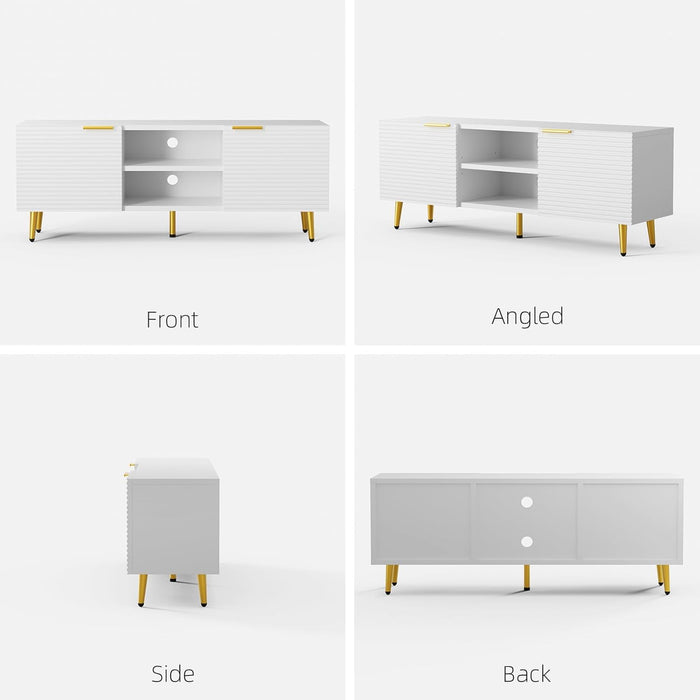 TV Stand for 55 Inch Tvs, Modern TV Console for Living Room Bedroom, TV Media Stand with Adjustable Shelf, Wood Entertainment Center with Storage Cabinets (White and Gold, Fluted Pattern)