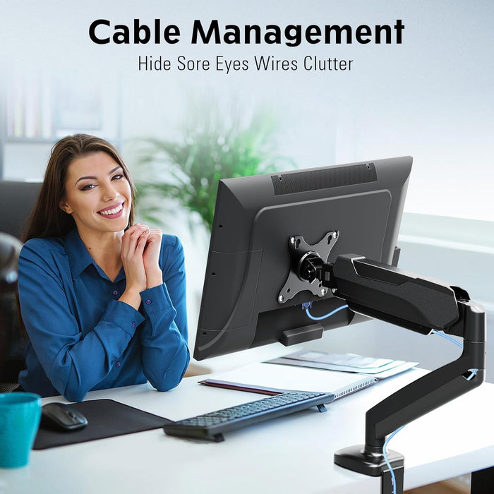 Single Monitor Desk Mount, Adjustable Gas Spring Monitor Arm Support Max 32 Inch, 4.4-17.6Lbs Screen, Computer Monitor Stand Holder with Clamp/Grommet Mounting Base, VESA Mount Bracket, Black