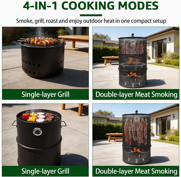 Charcoal Smoker Grill, 20.9" Barrel Charcoal BBQ Smoker, Coated Steel Outdoor Barbecue Grill with 2 Grilling Grates, 1 Hanging Rod, 6 Hooks & Thermometer for Party Backyard Patio Cooking