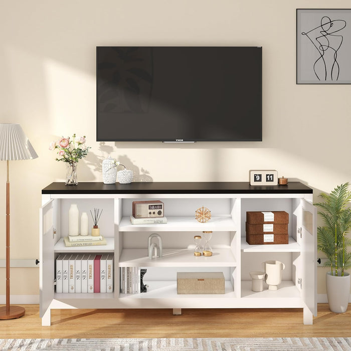 White TV Stand with Storage: 63" Tall Entertainment Center for Tvs up to 70 Inch, Long TV Consoles for Living Room, Modern Fluted Media Console with 2 Doors, Black Countertop (White)
