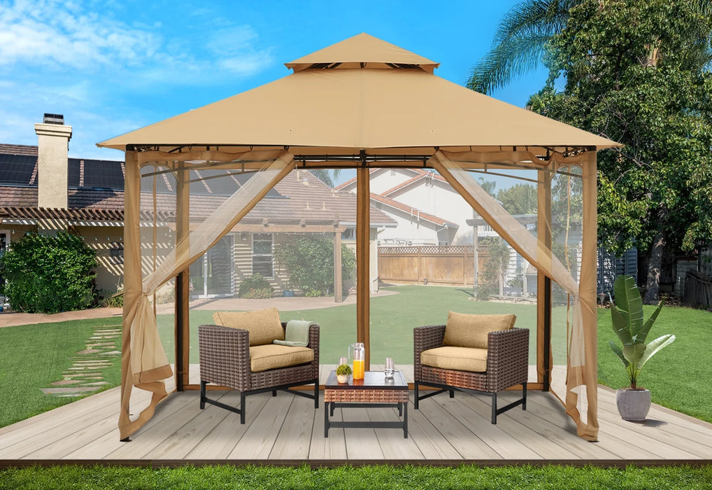 9' X 9' Outdoor Patio Gazebo Double Roof Steel Frame with Mesh Walls, Beige