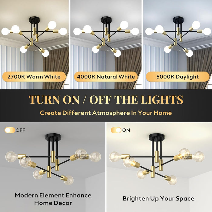 Modern Sputnik Chandelier Ceiling Light Fixtures, 6-Lights Mid Century Industrial Metal Semi Flush Mount Lamp for Bedroom Dining Room Living Room Kitchen Hallway Office-Black and Gold
