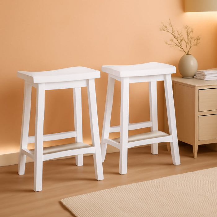 Solid Wood Saddle-Seat Counter Height Kitchen Island Barstool, 24-Inch Height, White - Set of 2